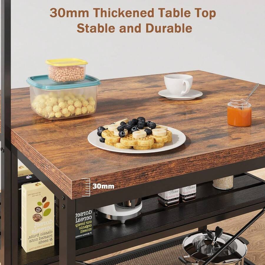 Isla de cocina de 42 pulgadas, estante móvil para panaderos con 3 estantes, soporte para microondas y 5 ganchos, capacidad de 400 libras (café) - Marrón - Ver 1