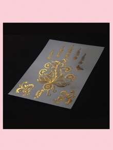 1张/4张中东金箔临时纹身贴纸，开斋节海娜纹身贴纸，海娜纹身贴纸，金箔纹身贴纸 - 金色 - 查看 5