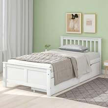 Wooden Bed, Single Bed, Children's Bed, Adult Bed, With Storage Drawers, Pine Frame, White (90x200cm) - White + Solid Wood - View 1