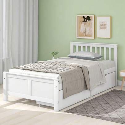 Wooden Bed, Single Bed, Children's Bed, Adult Bed, With Storage Drawers, Pine Frame, White (90x200cm)