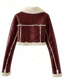 Apperloth A Áo khoác da PU ngắn kiểu dáng đường phố cổ bẻ, tay áo khóa kéo, lót lông cừu giả, chất liệu da PU, thích hợp cho xe máy. - Màu Đỏ Sâu - Xem 2