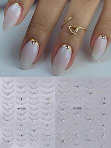 3D Golden Silvery Line Nail Stickers 1pc Self Adhesive French Tips Curve Stripe Lines Nail Art Decals With Sparkling Crystal Rhinestones DIY Manicure Decor Nail Supplies - 銀色 - 查看 5