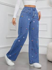 Quần ống rộng denim màu trơn phong cách đường phố thời trang dành cho nữ, ống rộng có túi đính đá pha lê, không co giãn, mềm mại và thoải mái khi mặc hàng ngày, mùa xuân/hè/thu/đông - Màu xanh lam - Xem 2