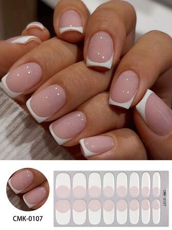 16 tiras de gel de uñas francesas sin UV, envoltorios de gel de uñas adhesivos de color rosa y blanco minimalistas, sin daño por UV, fácil de manicura, calcomanías de uñas para el DIY diario en casa de las mujeres