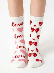1 par de calcetines de media caña para mujer con diseño de corazón y lazo, diseño dulce y sencillo, cómodos y suaves, adecuados para uso diario, fiestas, viajes, citas - Rojo y blanco - Ver 3