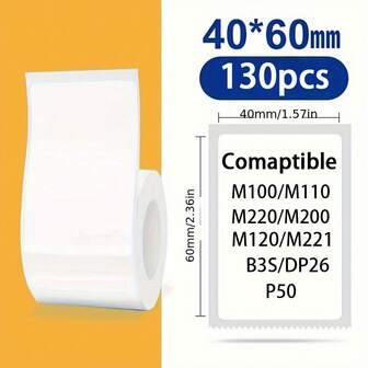 1/2 Roll 40*60mm Thermal Label Stickers - 130pcs/Roll, Large Size Writable Self-Adhesive Shipping & Product Labels, Compatible With M110/M120/M200/M220, DP26, P50, M221, B3S Label Printers
