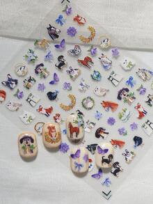 一款梦幻童话风格的美甲贴纸，采用浮雕工艺，甜美可爱，包含小动物、紫色花朵、蝴蝶结、花环等元素，适合个人DIY和美甲沙龙使用。