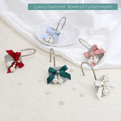 12Pcs Multi-Color Bow Pearl Hook Shower Curtain Hook Set, Sturdy And Durable. The Perfect Personalized Choice For Secret Santa Gifts, Holiday Hostess Gifts, Or Celebratory Presents. Perfectly Complements Christmas Home Decor, Bedroom Accents, Entryway Organization, Living Room Holiday Arrangements, And Closet Tidying Needs.