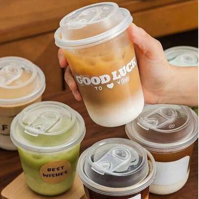 10 piezas/Set Tazas de café de PET grueso, vasos de plástico aislados con tapas, diseño a prueba de fugas, resistentes al calor y a los derrames, con tapa abatible, ideal para amantes del café, también adecuado para leche, té, café, jugo y otras bebidas. Excelente para llevar de tiendas de bebidas o bebidas caseras. Elegante y práctico (se incluyen pegatinas como regalo gratis).