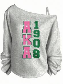 AKA 1908 Black Off - The - Shoulder Sweatshirt With Long Sleeves, Gathered Wrists, Bold Pink Green Letters & Numbers - Casual Crew Neck Pullover For Fans-Women's Winter Tops, Loose-Fit Casual Sports Style, Christmas & New Year Outfits For Plus Size, Relaxed & Easy Feel - 灰色 - 查看 1