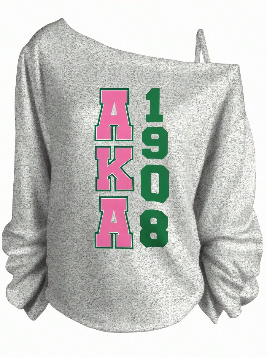 AKA 1908 Black Off - The - Shoulder Sweatshirt With Long Sleeves, Gathered Wrists, Bold Pink Green Letters & Numbers - Casual Crew Neck Pullover For Fans-Women's Winter Tops, Loose-Fit Casual Sports Style, Christmas & New Year Outfits For Plus Size, Relaxed & Easy Feel - 灰色 - 查看 1
