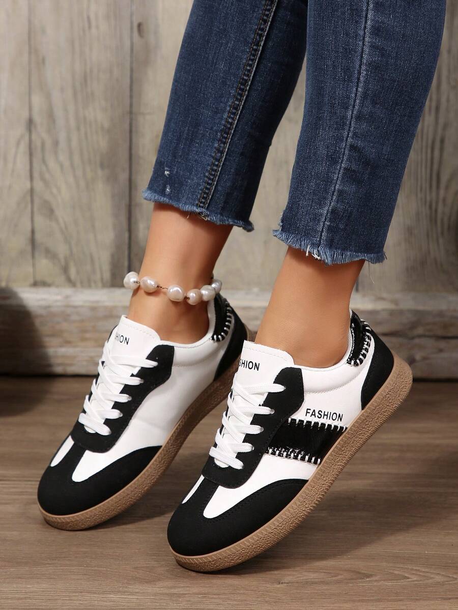 Color Block Sneakers - Color Block Casual Sneakers - Lace-Up, Lightweight, Soft Sole - Suitable For Walking, Skateboarding, Daily Wear - Women's - Comfortable, Fashionable, Versatile - Combining Fashion And Comfort, Color Block Casual PU Leather Lace-Up Sneakers, Suitable For Vacation, School, Home, Gym, Spring/Summer - Black - View 1