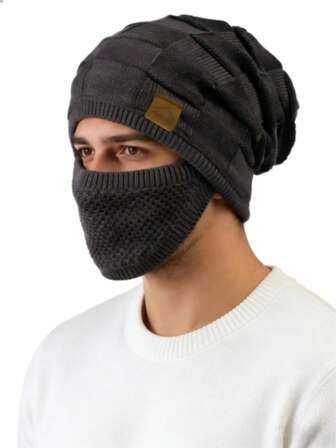 Men's Winter Knitted Beanie With Face Mask - A Knitted Hat With A Plush And Thickened Lining, Providing Warmth And Windproofing, Perfect For Skiing And Other Cold Weather Activities