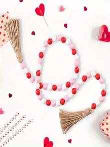 1pc Valentine's Day Tassel & Wooden Bead Wreath Tiered Tray - Multi-Color Wooden Bead Wall Decor, Modern Bead Hoop Suitable For Home, School, Party Decoration - Valentine's Day Gift - Multicolor - View 3