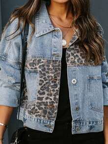 Women's Casual Leopard Print Denim Front Button Pocket Jacket, Suitable For Daily Wear, Birthday Party, Travel, Country Music Concert, Spring/Autumn - Blue - View 12