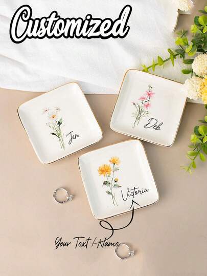 Customized Name Ring Tray, Personalized Name Letter Flower Decor Tray, Customized Ring Tray, Customized Jewelry Tray, Wedding Ring Stand, Engagement Gift For Her, Wedding Gift, Bridesmaid Gift, Bridal Shower Gift, Back To School Gift, Home Decor, Decorate Your Home, Souvenir, Reusable, Cute, High Quality
