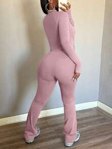 女士休闲立领长袖纯色拉链修身上衣和瑜伽裤套装，春季穿搭 - 紫色 - 查看 3