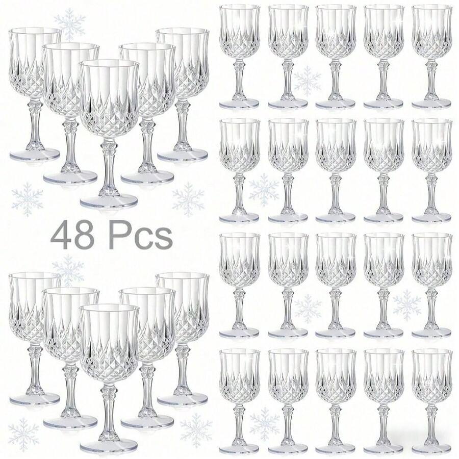 48 Pcs White Unbreakable Plastic Wine Glasses Set-7oz Vintage Champagne Flute Stemware Reusable Party Cups, Camping Drinkware, Wedding, Celebrations, Birthdays, Bridal, Retro Bar, Picnics, Family Gatherings, Table Decoration Christmas New Year Gift - White - View 1
