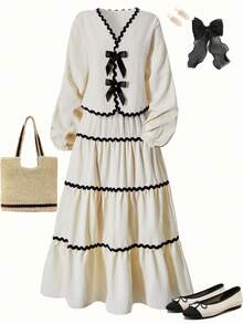 Girls' Elegant Sweet Mid-Length Dress Set, Includes One Long Sleeve Top With Ruffle Bow Decor And One Layered Mid-Length Skirt. Fashionable Casual, Suitable For Spring And Autumn, Suitable For School, Parties, Vacation And Travel - Beige - View 2