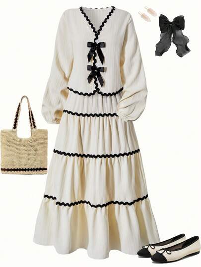 Girls' Elegant Sweet Mid-Length Dress Set, Includes One Long Sleeve Top With Ruffle Bow Decor And One Layered Mid-Length Skirt. Fashionable Casual, Suitable For Spring And Autumn, Suitable For School, Parties, Vacation And Travel