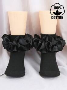 1 Pair Cotton Baby/Toddler Girls' Socks With Big Lace Ruffle, Princess Dance Socks - Black - View 11