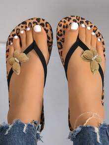 New Women's Leopard Print Open Toe Comfortable Flat Slide Sandals, Casual Fashion Bow Decor Flip Flops, Outdoor Beach Summer Shoes - Camel - View 5