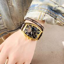 GUANQIN Retro Barrel Shaped Large Dial Mechanical Watch For Men, Fashion Minimalist Hollow Dial Dress Watch, Suitable For Halloween, Christmas, Father's Day, Valentine's Day, Students, Festivals, Dates, Business, Daily Wear, Gifts - 黑色 - 查看 2