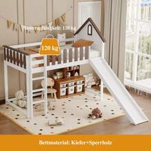 Loft Bed With Roof And Window, With Straight Staircase, Junior Bed, Children's Bed With Slide, Pine + MDF, White + Walnut, 90x200 Cm - White - View 7