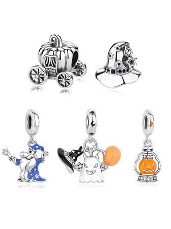 1pc Silver-Plated Zirconia Pumpkin Carriage Wizard Beaded Pendant, Suitable For DIY Bracelet, Necklace, Women's Holiday & Birthday Gift