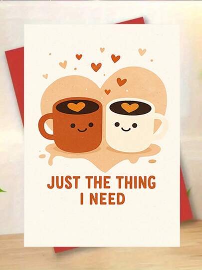 1pc Lovely Valentine's Day Greeting Card, "JUST THE THING I NEED", With Smiling Couple Coffee Mugs Embracing And Heart Elements, Suitable For Wife, Husband, Boyfriend, Girlfriend, Fun Card, Size 17*24cm/6.69*9.45inch, Durable Paper, Vibrant Printing
