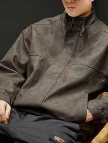Chaqueta de cuero de vuelo estilo americano retro, diseño holgado con influencia motera, nueva versión para entretiempo e invierno - Gris - Ver 2