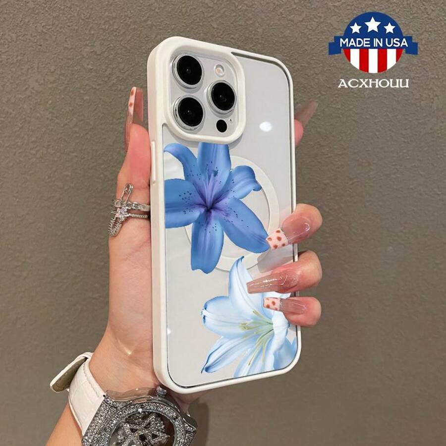 Funda adorable compatible con iPhone11/12/13/14/15/16/Promax con diseño de lirios azules, ligera y anti-caídas | Estilo femenino y elegante adecuado para Samsung S24 FE - Blanco - Ver 1