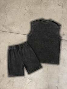 Simple Men's Washed Vintage Letter & Cross Print Crew Neck Tank Top And Shorts Set - Black - View 3