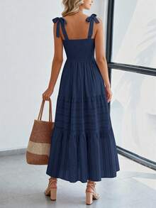 Women Summer Sleeveless Tie Shoulder Strap Smocked High Waist A-Line Long Maxi Dress Boho Beach Holiday Vacation Valentine Sundress With Pockets - 藏蓝色 - 查看 2