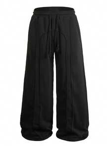 Men's Black Draped Wide Leg Pants With Drawstring Design, Loose Casual Trousers - Black - View 4
