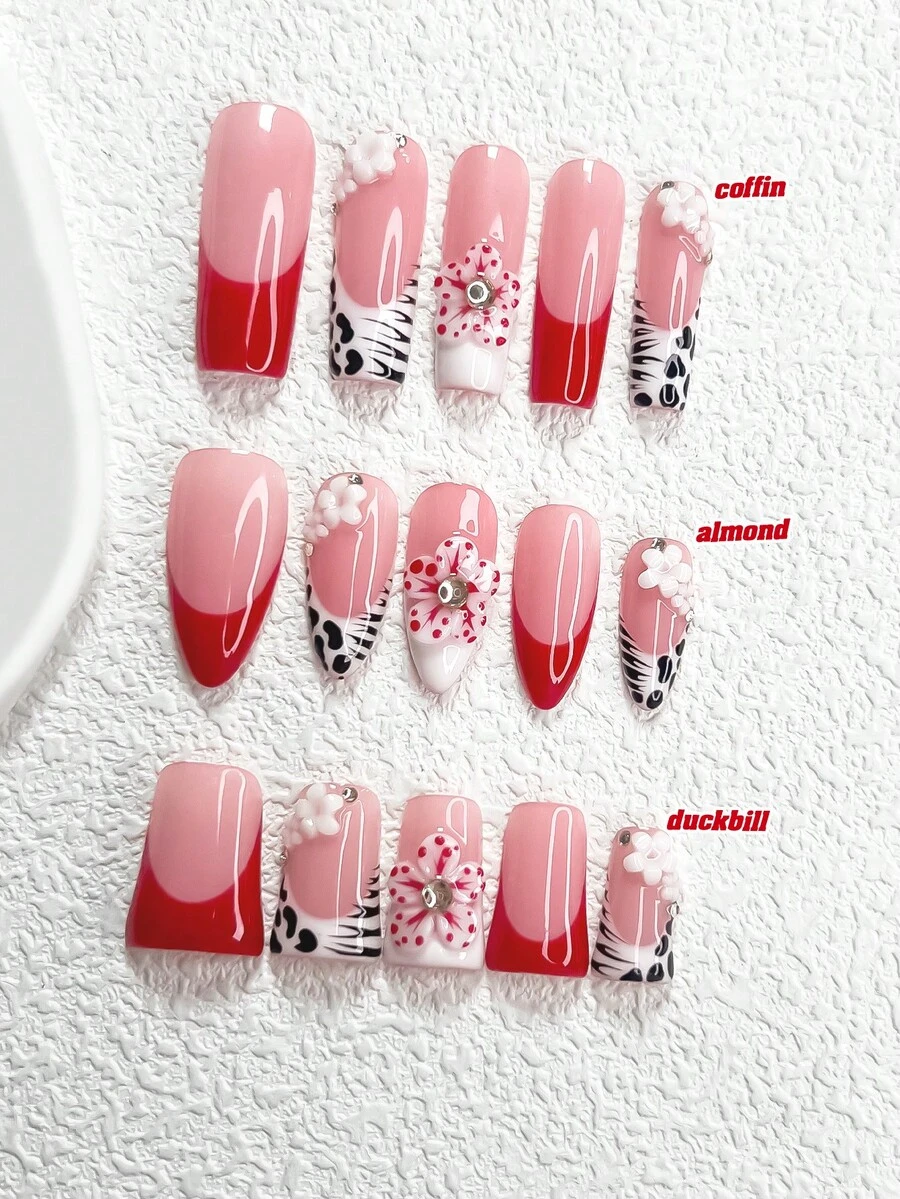 10pcs Elegant Red & White Nail Art Set, Hand-Painted French Manicure Stickers, Medium-Long Almond Shape Nail Stickers, Square Nails, Duck Billed Nails, 3D Floral False Nails, Leopard Print, Water Wave Nail Decorations, Red Nails, White Nails, Includes Tool Kit (1 Jelly Sticker + 1 Nail File), Suitable For Women And Girls, Daily Photo Shoots, Parties, Autumn/Winter Nail Supplies - Nhiều màu - Xem 1
