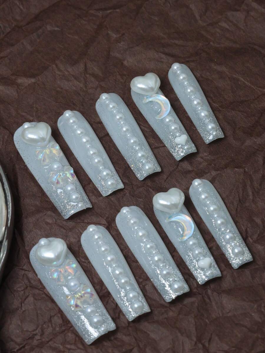 CrystalHola 圣诞美甲套装,10片手工假指甲,法式美甲,亚克力美甲套装,方形美甲贴片,白色美甲,长款芭蕾舞美甲,配有美甲配件和月亮图案,闪亮节日美甲,可爱美甲,Y2K风格,适合音乐节派对和日常佩戴,送给女孩和女士的好礼物,新年美甲。美甲用品 - 彩色 - 查看 1
