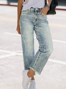 Quần jeans ống đứng dáng rộng thoải mái, co giãn, rách gấu, phong cách đường phố dành cho nữ, quần denim xanh bạc màu, quần thường ngày mùa xuân. - Màu xanh nhạt cổ điển - Xem 4