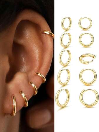 5 par små ringörhängen i 316L kirurgiskt rostfritt stål för kvinnor, flickor, män, 18K guldpläterade huggie-ringörhängen, små broskörhängen 6/7/8/9/10 mm, silverfärgade ringörhängen, flera piercingsmycken, present