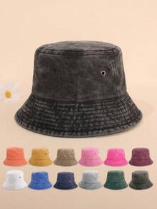 1pc Unisex Solid Color Retro Foldable Bucket Hat, Vintage Washed Outdoor Sun Protection Hat, Suitable For Everyday Use,Holiday,Festival - Solid Color - View 1