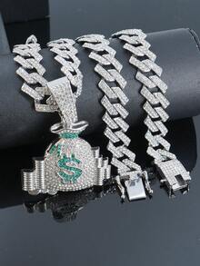1 Set Fully Rhinestone Money Bag Pendant 15mm Rhinestone Cuban Link Necklace Bracelet, Men's Green Dial Watch, Hip Hop Style Men Accessory Set - Green - View 3