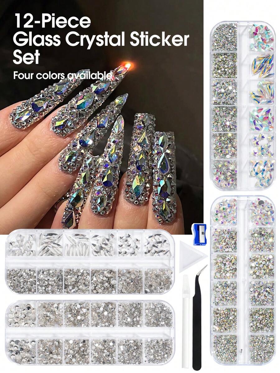 Set de materiale pentru unghii din sticlă 2600/1360 buc, pietre prețioase pentru unghii, decorațiuni 3D pentru unghii, materiale din sticlă plată transparentă colorată, accesorii pentru unghii în stil Y2K, unghii cu perle de diferite forme, pietre decorative pentru unghii - Multicolor - Vizualizare 1