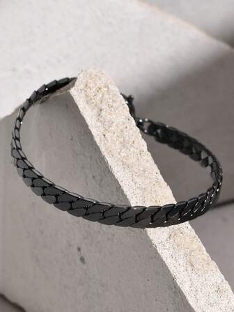 1pc Minimalist Stainless Steel Flat 4-Sided Densely Woven NK Chain Black Bracelet For Men