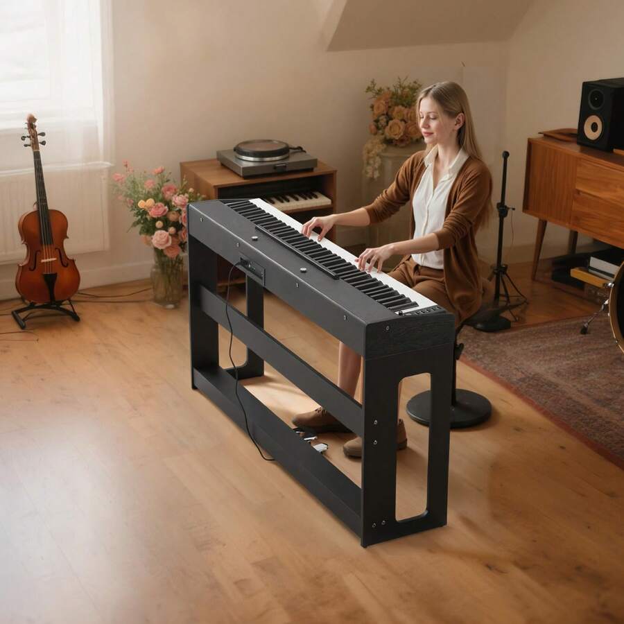 Weighted Digital Piano, 88 Keys Fully Weighted, Electric Piano Keyboard With Furniture Stand, Power Adapter, Triple Pedal, Record Function, 280 Tones, Wireless Connection, For Beginners, Black - Xem 1