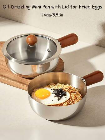 1 pieza Olla mini de acero inoxidable con mango de madera resistente al calor - Antideslizante, calentamiento uniforme, apta para placa de inducción, excelente para dormitorio, oficina, caravana, cocina pequeña y cocción de una sola porción