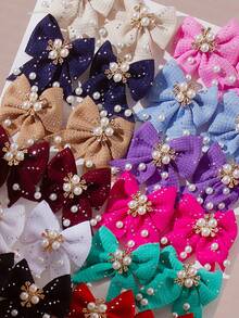 6个随机纯色水钻纹理蝴蝶结发夹，优雅珍珠水晶发卡，甜美公主风女孩日常及派对发饰 - 彩色 - 查看 9