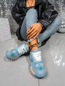 2026春季新款水钻装饰女士运动鞋，透气休闲厚底鞋，时尚百搭派对鞋 - 藍色 - 查看 7