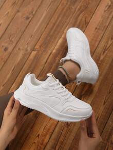 2025 New Women's Spring/Autumn White Lightweight Non-Slip Comfortable Leather Casual Sneakers, Women's Autumn/Winter Durable Shock-Absorbing Elastic Lightweight Indoor/Outdoor Exercise Fitness Running Shoes - White - View 7