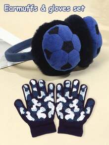 Kids Knitted Plush Earmuffs & Gloves Set, Football Style Warm Earmuffs, Camouflage Polka Dot Print Warm Gloves - Windproof And Touch Screen Compatible, Suitable For Outdoor Skiing, Cycling, Daily Wear - Earmuffs + Gloves - View 2