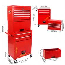 Tool Cabinet On Wheels, 6-Switchable Rolling Toolbox With 4 Universal Wheels, 2 In 1 Removable Toolbox Storage Organizer For Garage, Workshop, Repair Shop, Red. - Red - View 5